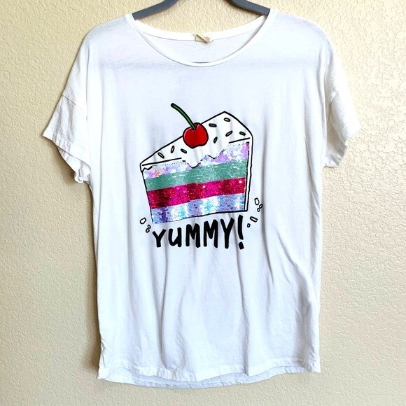 Zara Girls White tee sequins slice of cake yummy top size 13/14 - Picture 1 of 7